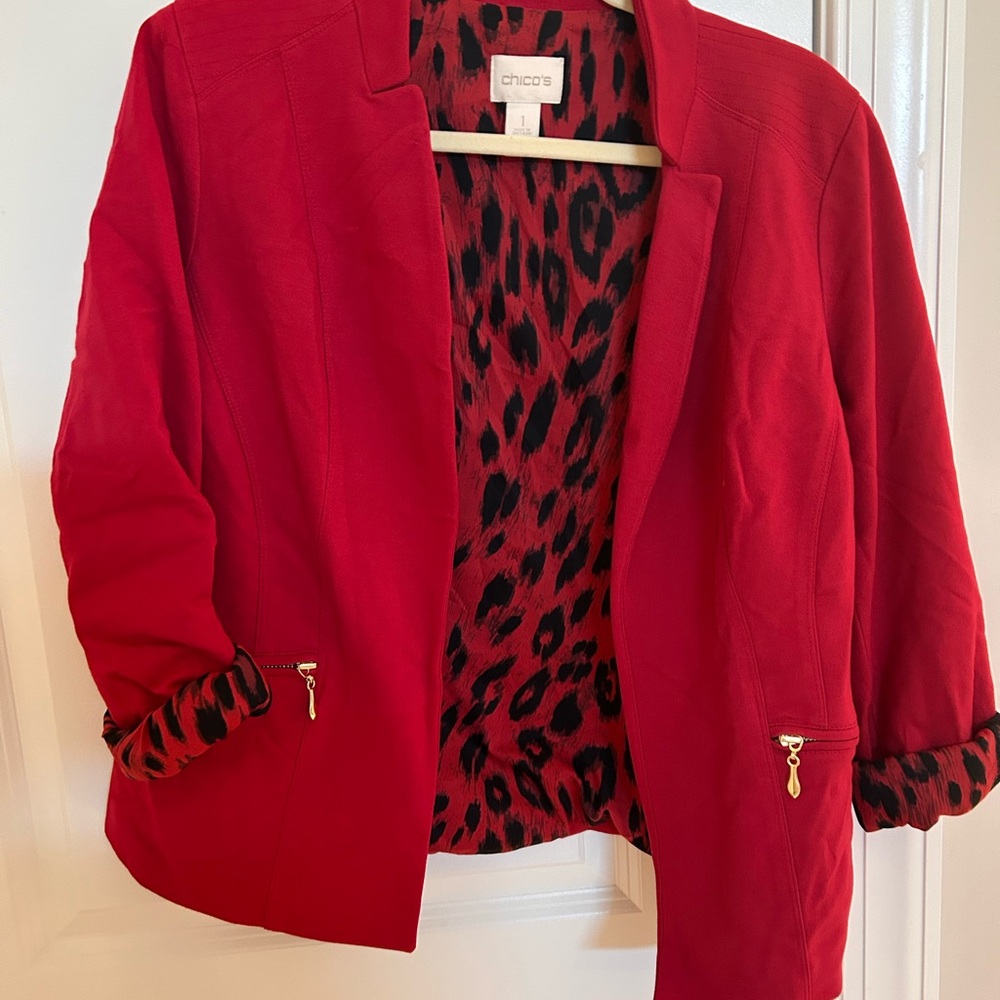 Chico's Vibrant Red Blazer with Leopard Print Lining